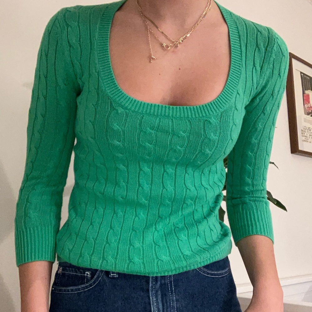 Green American Eagle 3/4 Sleeve Cable Knit Sweater